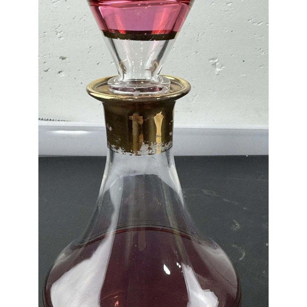 Cranberry Glass Decanter and Matching Cordial Glasses Set 7-piece MCM‎